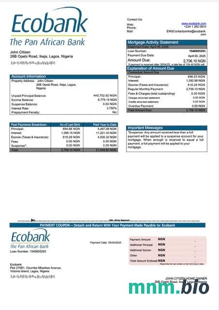 Nigeria Ecobank wyciąg z kredytu hipotecznego szablon Word i PDF